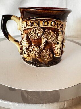 Moldova 3.5" Pottery Brown Tan 3D Coffee Mug Clay Sourvenir Keepsake Rare